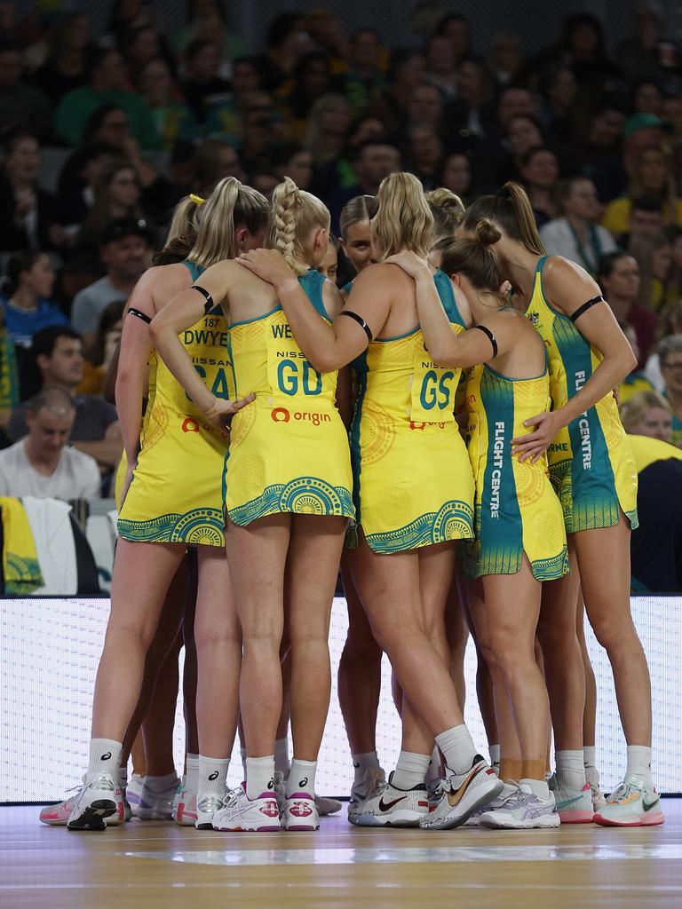 Australia huddle during game one of the 2023 Constellation Cup series between Australia Diamonds and New Zealand Silver Ferns at John Cain Arena on October 12, 2023 in Melbourne, Australia. (Photo by Daniel Pockett/Getty Images)