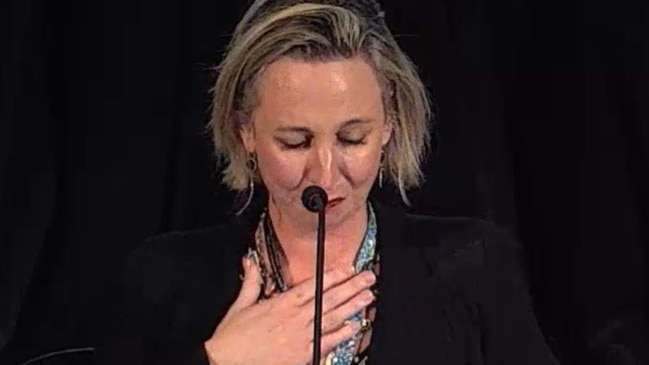 Stonnington mayor Kate Hely broke down during her speech on the council's mutual respect charter. Picture: Screenshot from live stream with permission from Stonnington Council.