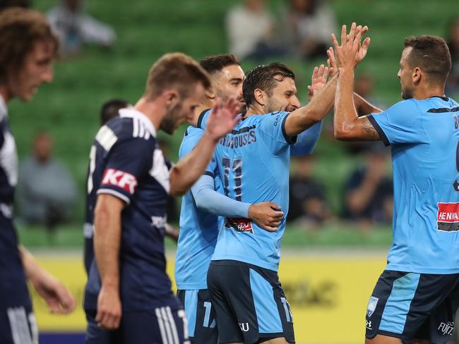 MELBOURNE, AUSTRALIA - APRIL 04: Deyvison Da Silva (R) of Sydney FC celebrates his goal during the A-League match between Melbourne Victory and Sydney FC at AAMI Park, on April 04, 2021, in Melbourne, Australia. (Photo by Graham Denholm/Getty Images)