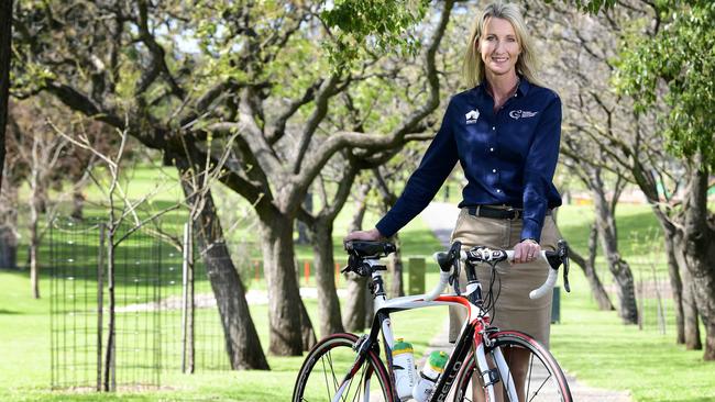 Kimberley Conte in Rymill Park on Saturday where the women’s Tour Down Under race director announced the route for the 2019 race. Picture: Bianca De Marchi (AAP).