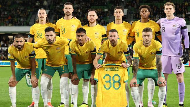 PERTH, AUSTRALIA - JUNE 11: The Australian starting eleven pose during the Second Round FIFA World Cup 2026 Qualifier match between Australia Socceroos and Palestine at HBF Park on June 11, 2024 in Perth, Australia. (Photo by Paul Kane/Getty Images)