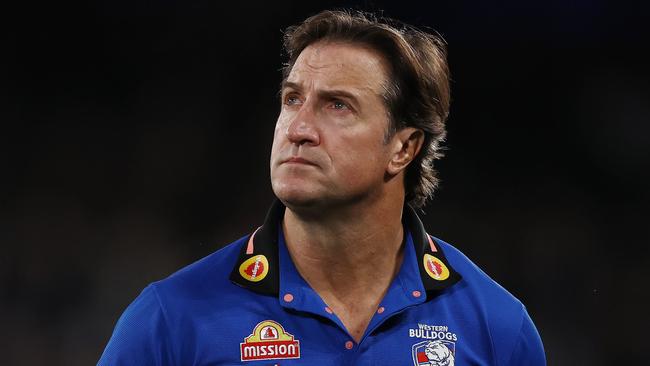 MELBOURNE - July 7 : AFL. Luke Beveridge , Senior Coach of the Bulldogs at 3\\4 time during the round 17 AFL match between Western Bulldogs and Collingwood at Marvel Stadium on July 7, 2023. Photo by Michael Klein.