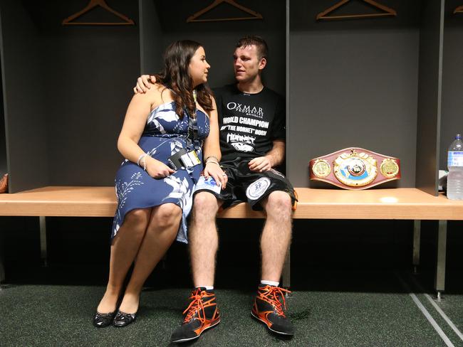 Jeff Horn sits with wife Jo and has a quiet moment after the fight. The main fight between Manny Pacquiao and Jeff Horn at Suncorp Stadium.  Pic Peter Wallis