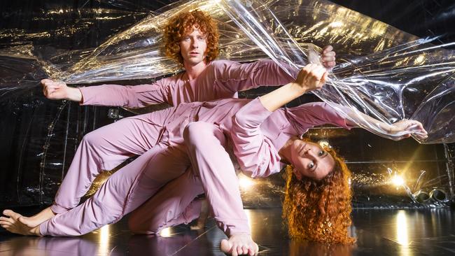 DanceNorth performers Nelson Earl and Marlo Benjamin inside the giant bubble in their production RED, on this week at Brisbane Festival. Picture Lachie Millard