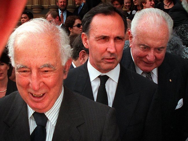 Cowen, Paul Keating and former PM Gough Whitlam attend a memorial service for HR "Nugget" Coombs in 1997. Picture: Brett Faulkner