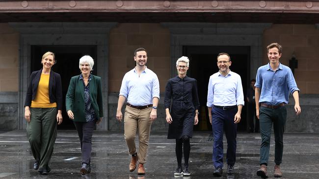 Greens leader Adam Bandt in Brisbane with the Greens’ expanded federal contingent from Queensland, Senator Larissa Waters, MP for Ryan Elizabeth Watson-Brown, MP for Brisbane Stephen Bates, Senator Penny Allman-Payne, Mr Bandt and Max Chandler-Mather. Picture: Adam Head