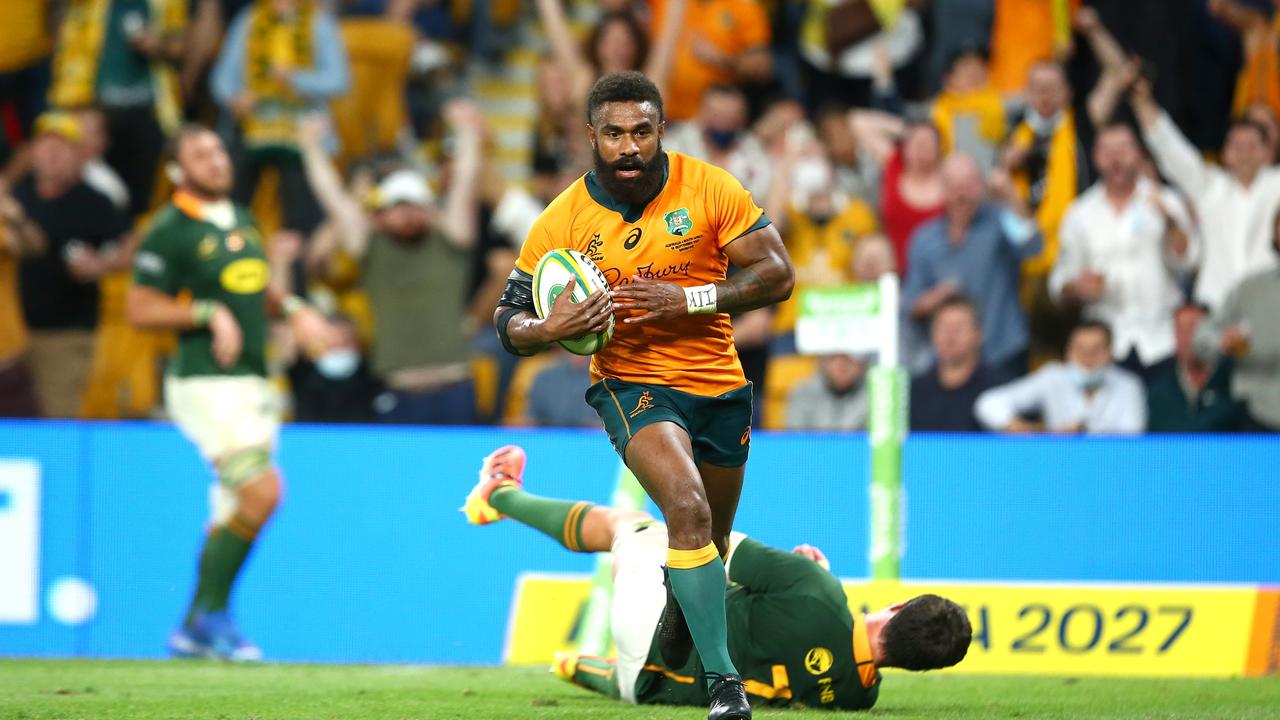 Marika Koroibete charges to the line in Brisbane.