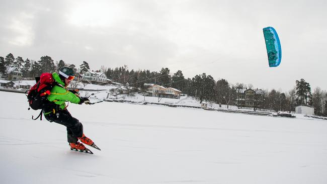 A man is pictured on frozen waters during a Nordic ice kiting session in Lidingo, near Stockholm, last week. Picture: AFP