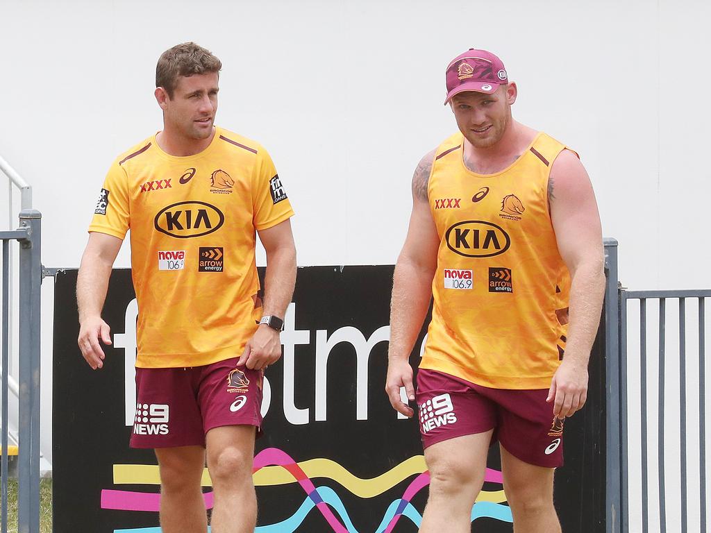 Andrew McCullough and Matt lodge at Broncos training. Picture: Annette Dew