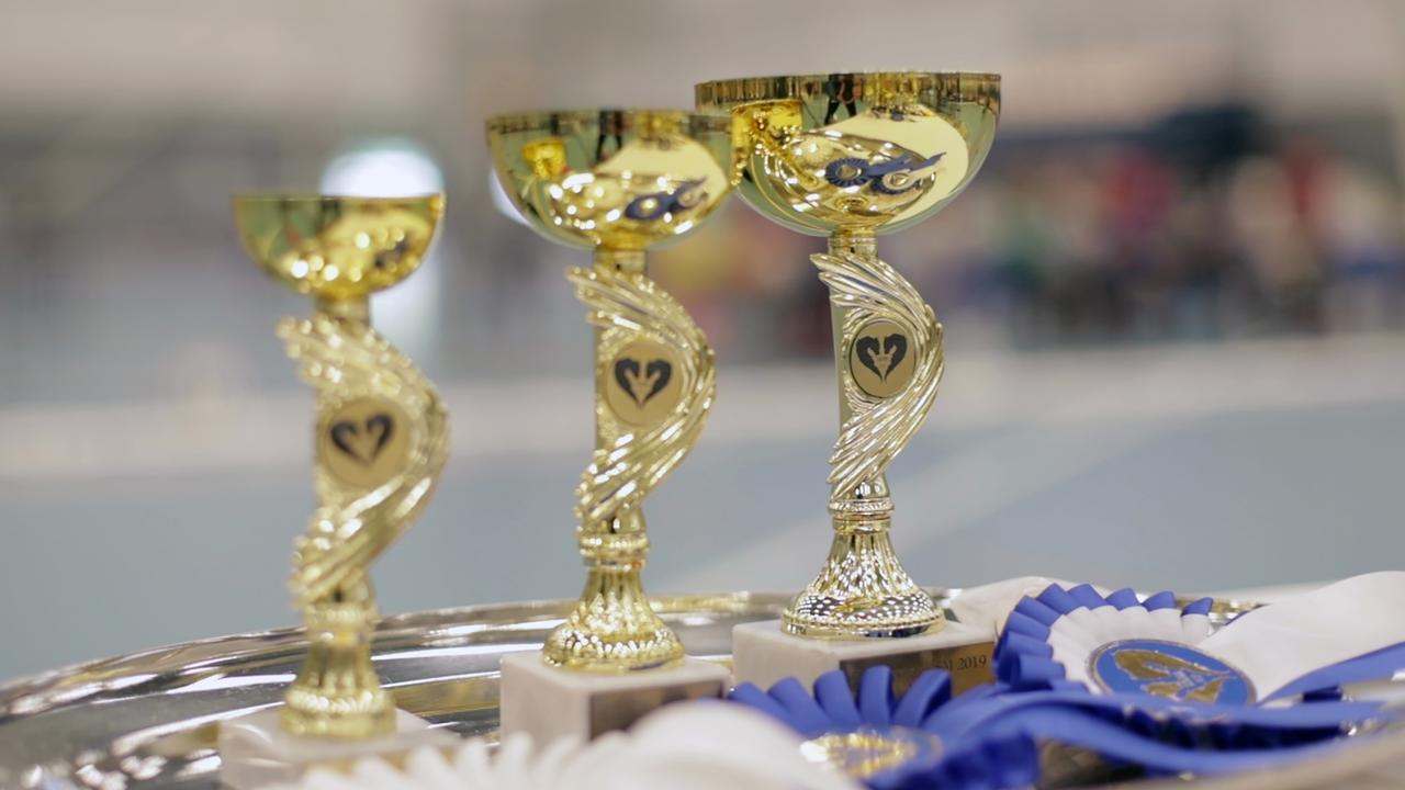 Awards stand on a tray ready for the closing ceremony at the championships. Picture: AP