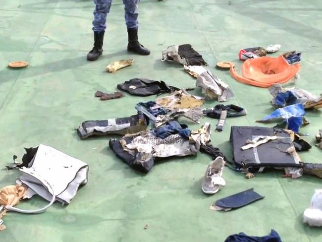 Screengrab of video uploaded by the Egyptian military shows passenger belongings from the plane. Picture: Egyptian military.