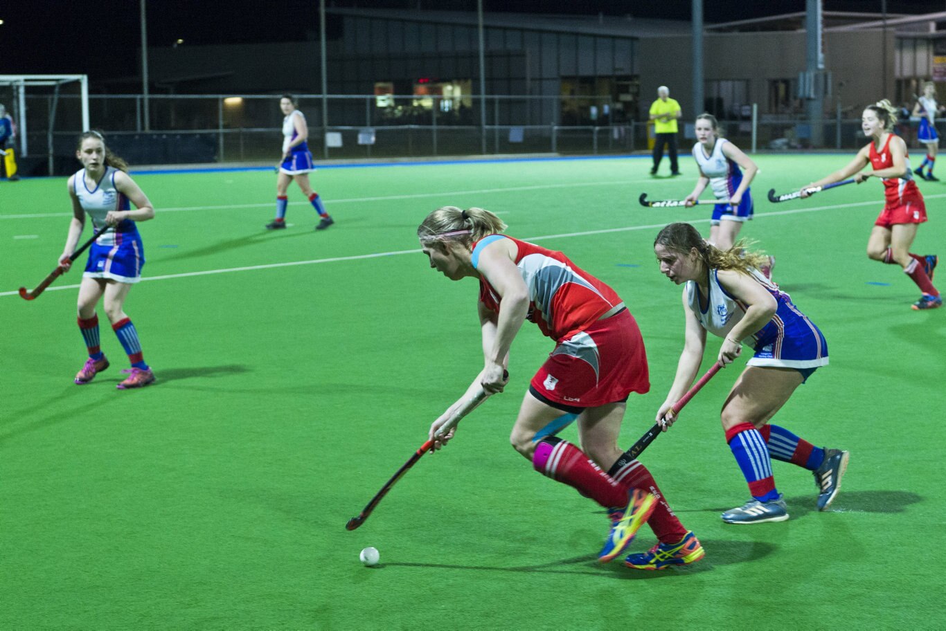 Red Lions captain Heidi Phillips gets away from Tannah Hood of Rangeville in Toowoomba Hockey COVID Cup women round two at Clyde Park, Friday, July 17, 2020. Picture: Kevin Farmer