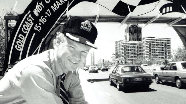 Gold Coast History: Premier Wayne Goss inspects Indy track at Narrowneck and the bridge crossing the Gold Coast Highway at McIntosh Island. Photo Grahame Long, 22 January 1991.