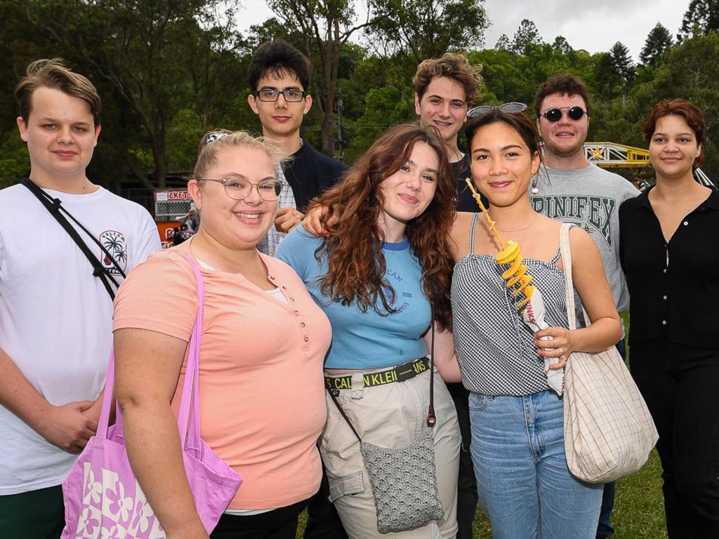 Groups of friends checking out the rides in sideshow alley at the Lismore Show: Ruby and Wesley Snider, Olivia and Bayley Braun, Ciara and Josiah Troy, and Charlee and Billy Brown. Picture: Cath Piltz