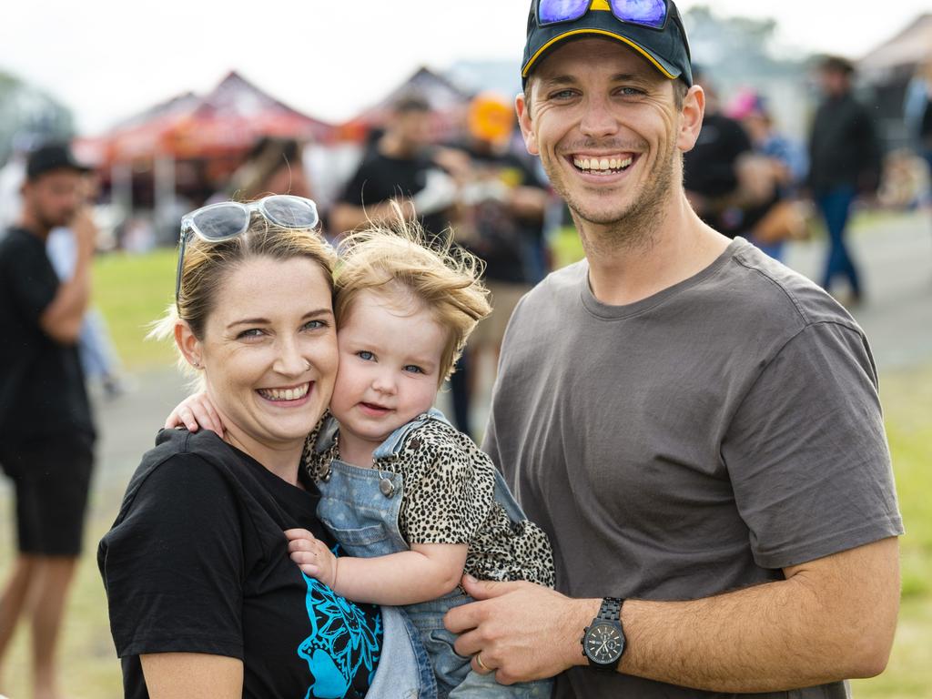 Kirsty and Adam Donnelly with their daughter Harper at Meatstock at Toowoomba Showgrounds, Saturday, April 9, 2022. Picture: Kevin Farmer