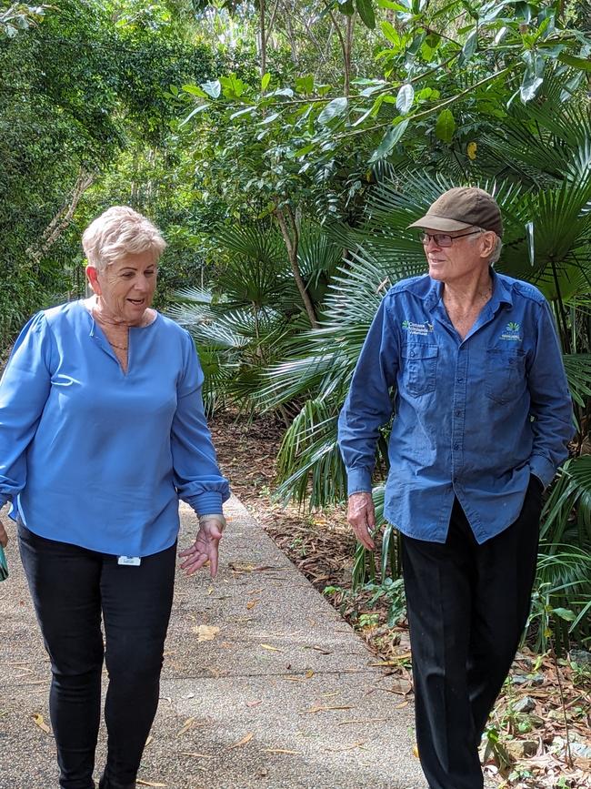 Councillor (Division 8) Rhonda Coghlan and Jabiru Volunteer Geoff McClure walking at the Cattana Wetlands Environmental Park