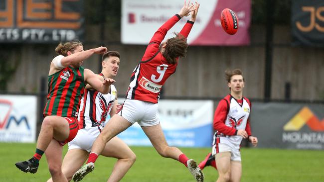 EFL: Knox’s Lachlan Stuckey flies for a mark. Picture: Stuart Milligan