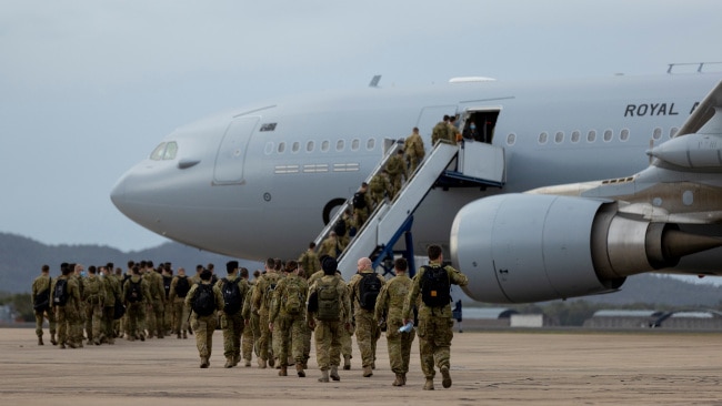 Australian Army personnel from the 3rd and 17th Brigades board a Royal Australian Air Force KC-30A Multi-Role Tanker aircraft in support of Australia's evacuation mission in Afghanistan.  Picture: Supplied/Commonwealth Department of Defence.