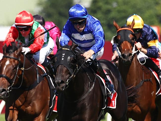 SYDNEY, AUSTRALIA - MARCH 30: Tommy Berry riding Wymark  wins Race 4 Toyota Forklifts Tulloch Stakes during "Stakes Day" - Sydney Racing at Rosehill Gardens on March 30, 2024 in Sydney, Australia. (Photo by Jeremy Ng/Getty Images)