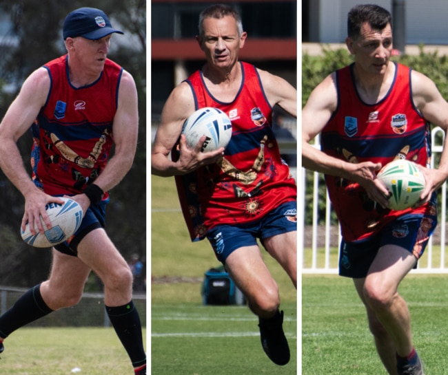 Anthony Hofmeier, Steve Hughes and Aaron Oshyer of Canberra Brindies 55s. Pictures: Leanne Hew