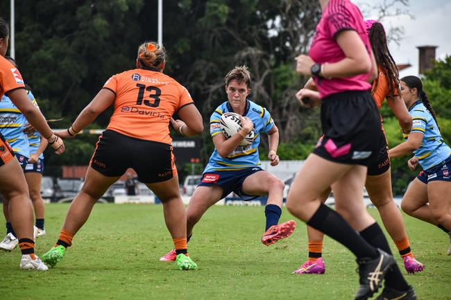 Annabel Hales, lock, was tireless for Norths. Picture credit: Max Ellis/ Norths Devils Media.