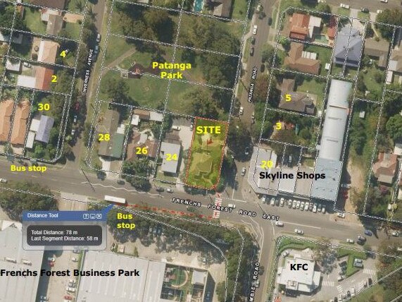 An aerial picture of the proposed development sites at 22 and 26 Frenchs Forest Road.