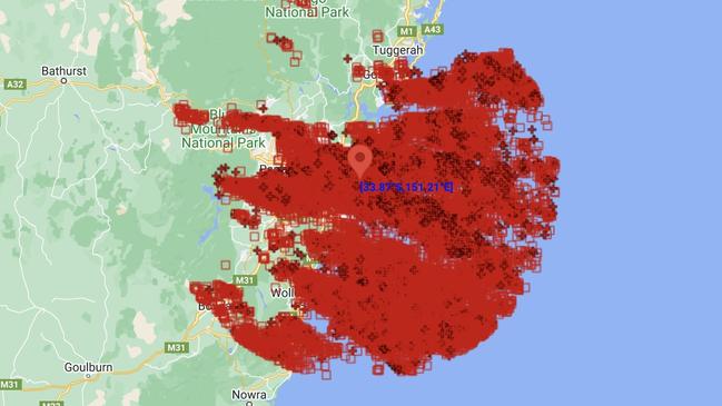 Locations of 34,027 lightning strikes detected within 100km of Sydney between 3pm and midnight on Monday, December 5. Source: Weatherzone