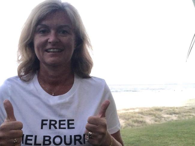 Karen from Brighton wearing a Free Melbourne T-shirt.