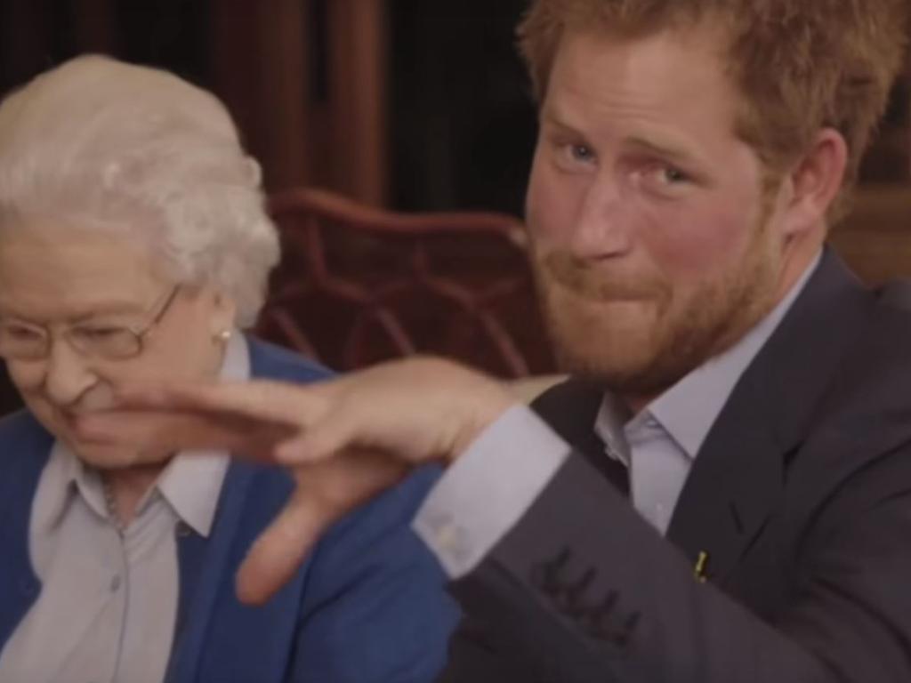 Prince Harry convinced the Queen to take part in this spoof video for the 2016 Invictus Games featuring then US President Barack Obama. Picture: YouTube