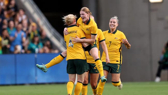 SYDNEY, AUSTRALIA – FEBRUARY 19: Cortnee Vine of Australia celebrates scoring a goal with teammate Clare Polkinghorne of Australia during the 2023 Cup of Nations Match between Australian Matildas and Spain at CommBank Stadium on February 19, 2023 in Sydney, Australia. (Photo by Brendon Thorne/Getty Images)