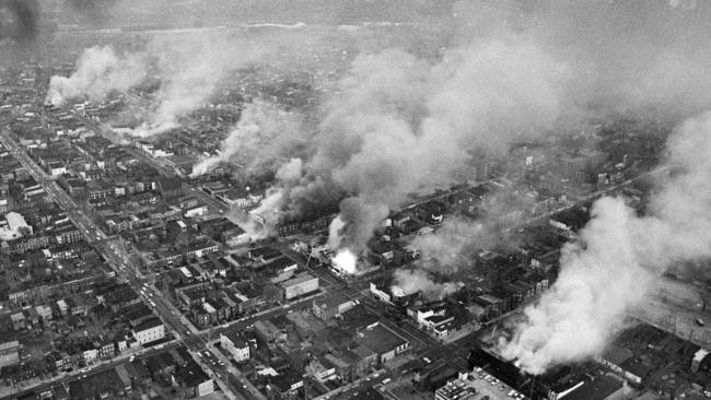 Buildings burn along H Street in the northeast section of Washington, set afire during a day of demonstrations and rioting in 1968. Picture: AP