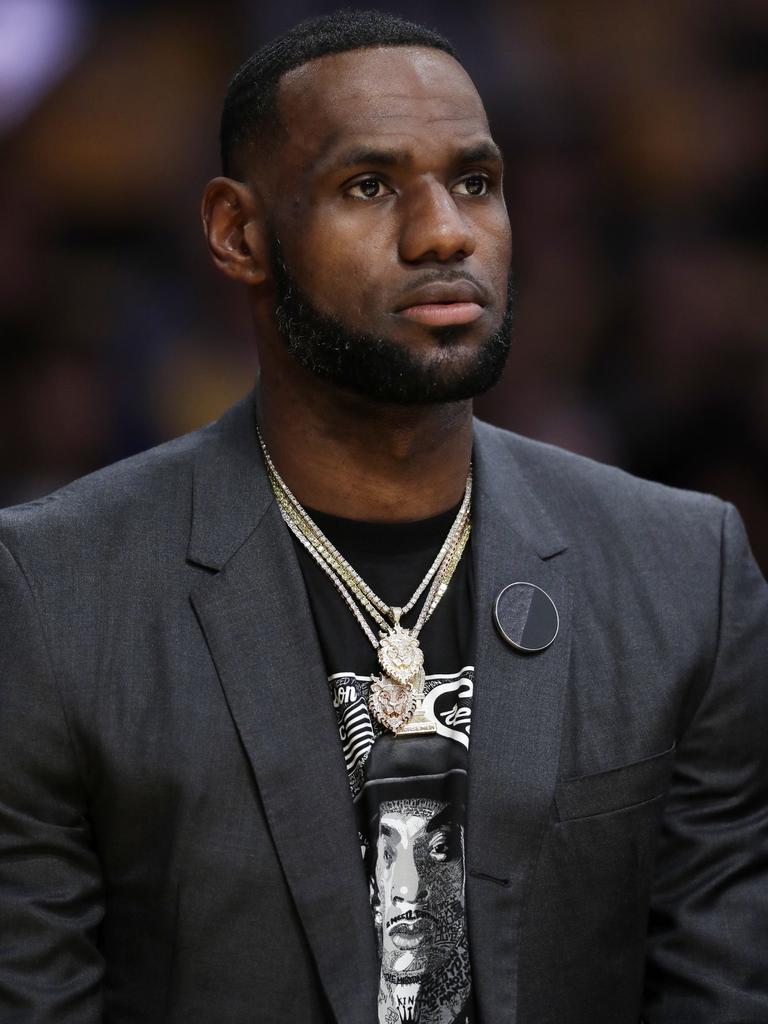 Basketball superstar LeBron James wears a T-shirt with the likeness of slain rapper Nipsey Hussle. Picture: AP