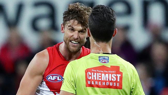 Dane Rampe argues with the umpire after conceding a free kick given against Essendon. Picture: Phil Hillyard