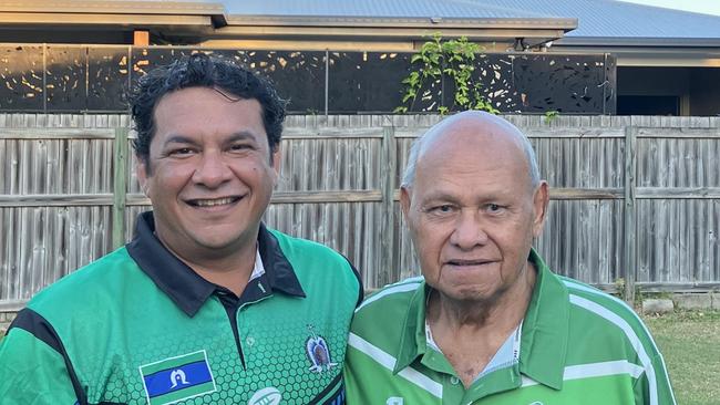 Wes Smith with his grandfather Dominic Kanak, the youngest of 13 and last remaining Kanak of his generation. The team includes third and fourth generation family members that play to honour Dominic and the Kanak name. Picture: Mitch Bourke