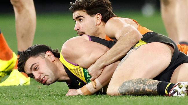 Toby Bedford’s tackle on Tim Taranto resulted in a three-game ban. Picture: Michael Willson/AFL Photos via Getty Images