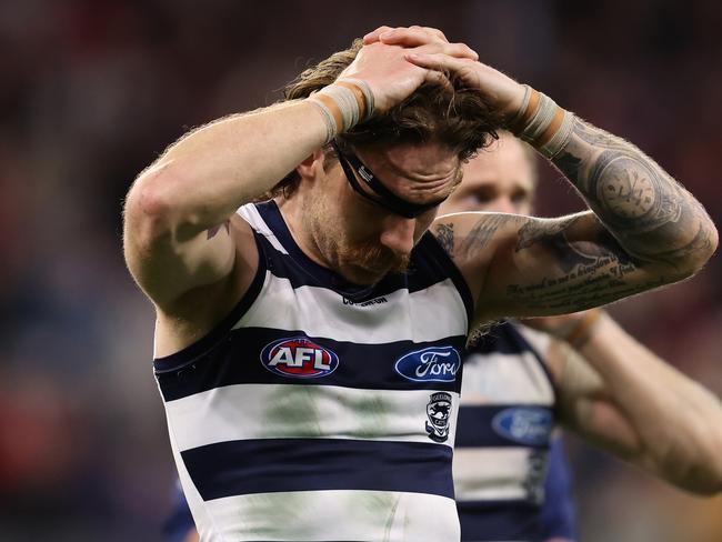 PERTH, AUSTRALIA - SEPTEMBER 10: Zach Tuohy of the Cats is dejected after the Cates were defeated by the Demons during the AFL First Preliminary Final match between Melbourne Demons and Geelong Cats at Optus Stadium on September 10, 2021 in Perth, Australia. (Photo by Paul Kane/Getty Images)