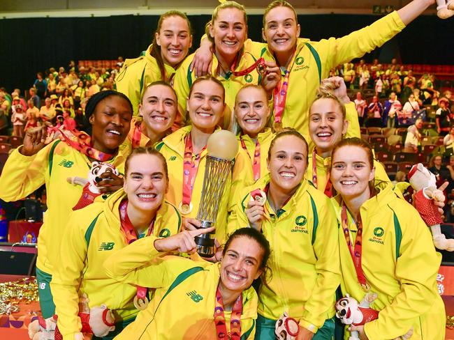 CAPE TOWN, SOUTH AFRICA - AUGUST 06: Australia crowned champions during the Netball World Cup Medal Presentation at Cape Town International Convention Centre, Court 1 on August 06, 2023 in Cape Town, South Africa. (Photo by Ashley Vlotman/Gallo Images/Netball World Cup 2023 via Getty Images)