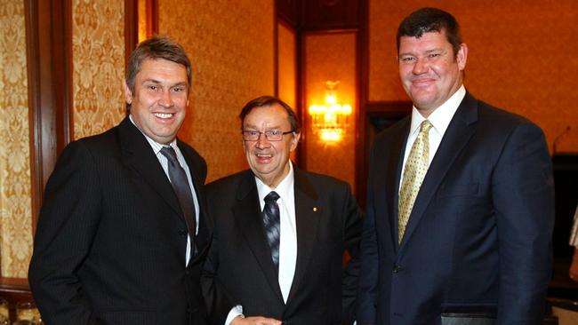 Former Nine Network CEO David Gyngell (L) had a fist fight with casino mogul James Packer (R) in 2014. Also pictured is Mitchell Communications Group founder Harold Mitchell.