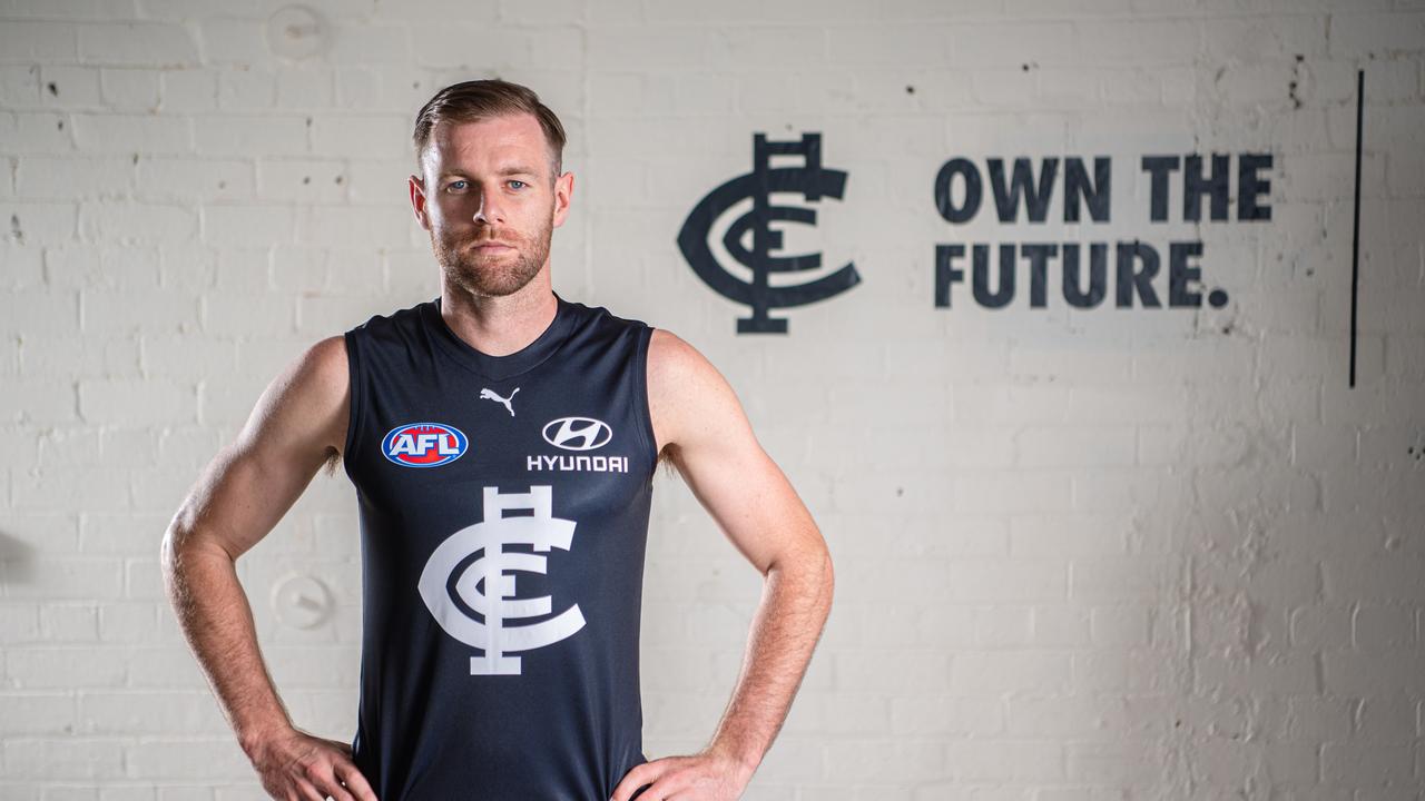 Sam Docherty poses for a photograph in Carlton’s new Puma jumper on Tuesday.