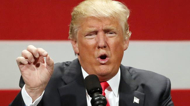 Republican presidential candidate Donald Trump speaks at a rally at the Milwaukee Theatre Monday, April 4, 2016, in Milwaukee. (AP Photo/Charles Rex Arbogast)