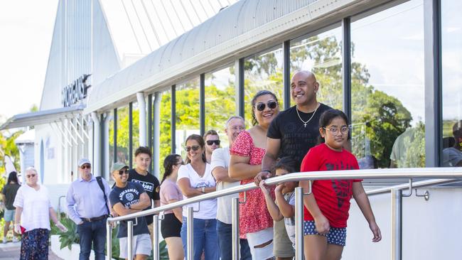 People queue at Morgans seafood, Scarborough during easing of COVID-19 restrictions. May 9, 2020. Picture: Renae Droop