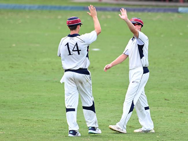 TSS celebrate a wicketGPS first Xv cricket between BBC v TSS at Parkman Park.Saturday February 17, 2024. Picture, John Gass