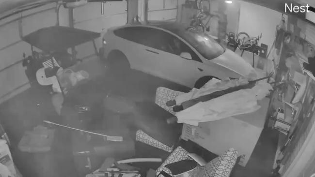 Home footage of a Tesla Model X that caught fire following a storm in the US. Photo: Supplied