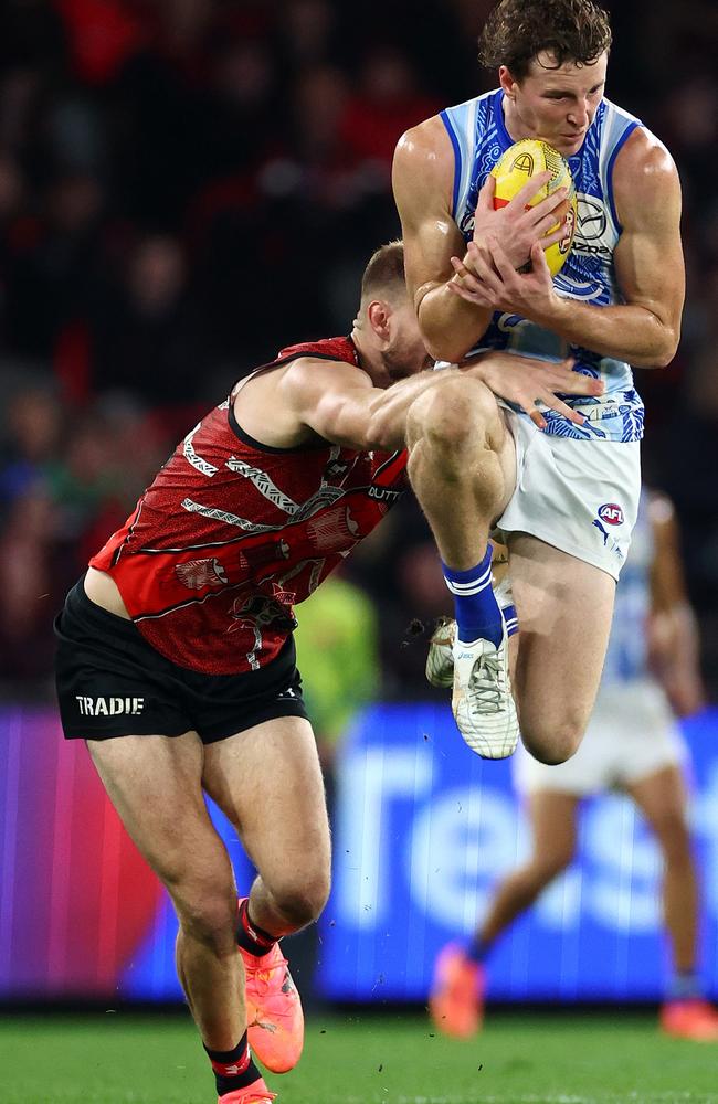 Ben McKay up against his former teammate and mate, Nick Larkey. Picture: Quinn Rooney/Getty Images