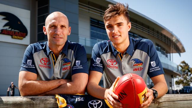 Crows father-son draft pick Jackson Edwards with his dad Tyson at West Lakes. Picture: Matt Turner