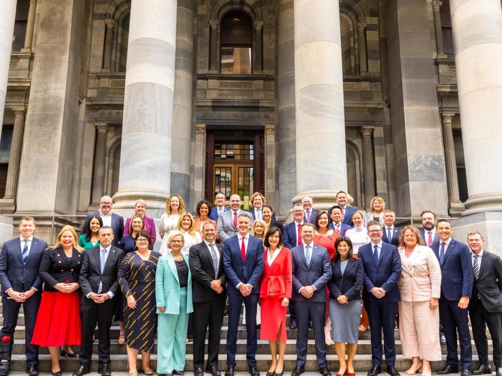 Premier Peter Malinauskas with Labor's SA state caucus gathers on the steps of Parliament House on Tuesday Oct 18. Missing is lower house MP Eddie Hughes. Picture: supplied