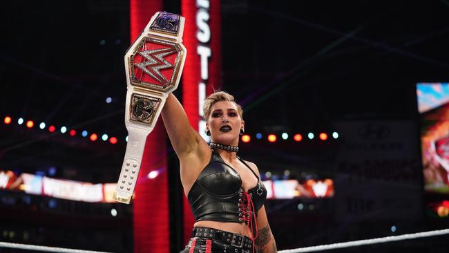 Ripley shows off the WWE Raw Women’s title in a previous run with one of the company; s top accolades. Source: WWE