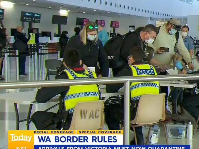 A plane full of travellers from Melbourne to Perth were ordered into two weeks of quarantine after tough new border rules were implemented while they were in the air. Picture: Nine News