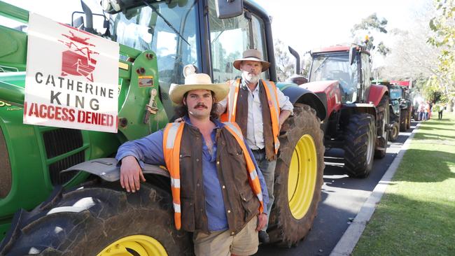 Stuart and Gus Gould from Mysia were among many farmers involved in the protest activity. Picture: David Crosling