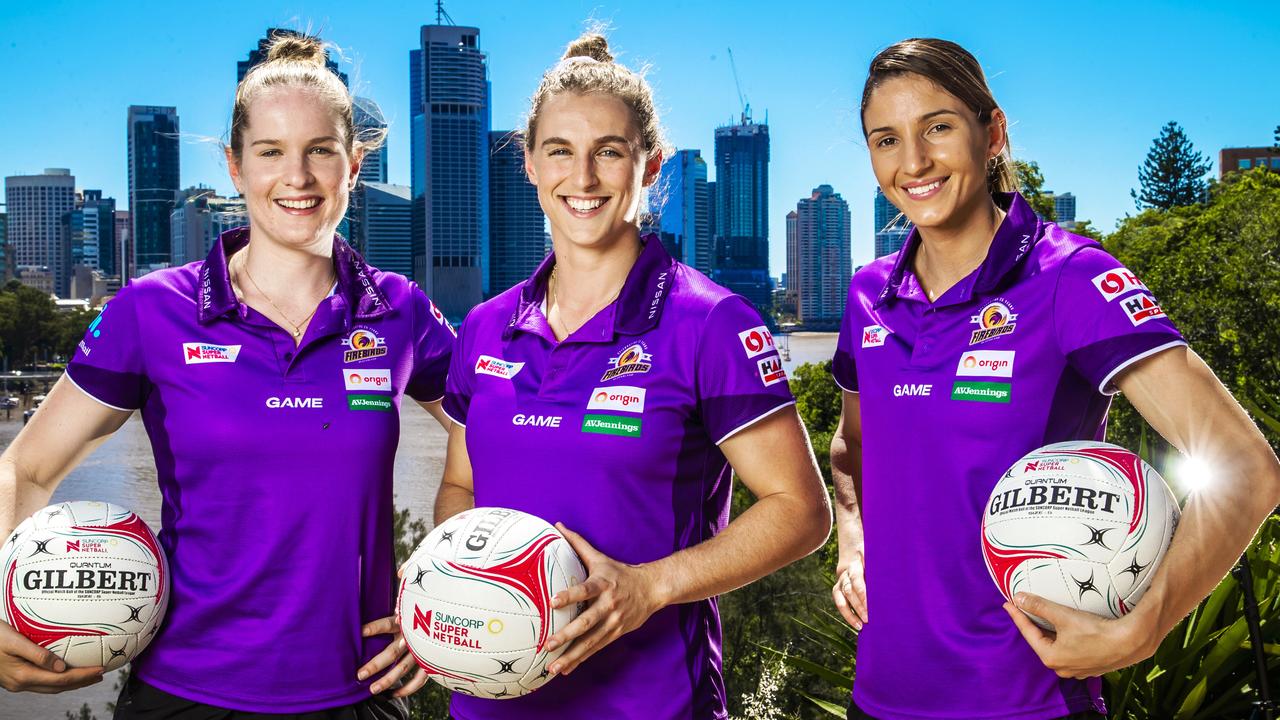 Firebirds Captains 2021. Queensland Firebirds Captaincy group Tara Hinchliffe, Gabi Simpson and Kim Ravaillion pictured at Kangaroo Point. Picture: NIGEL HALLETT